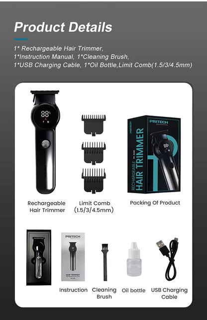 Rechargeable Cordless Hair Trimmer for Men 2-Speed Haircut Machine with LED Display | PR-3240