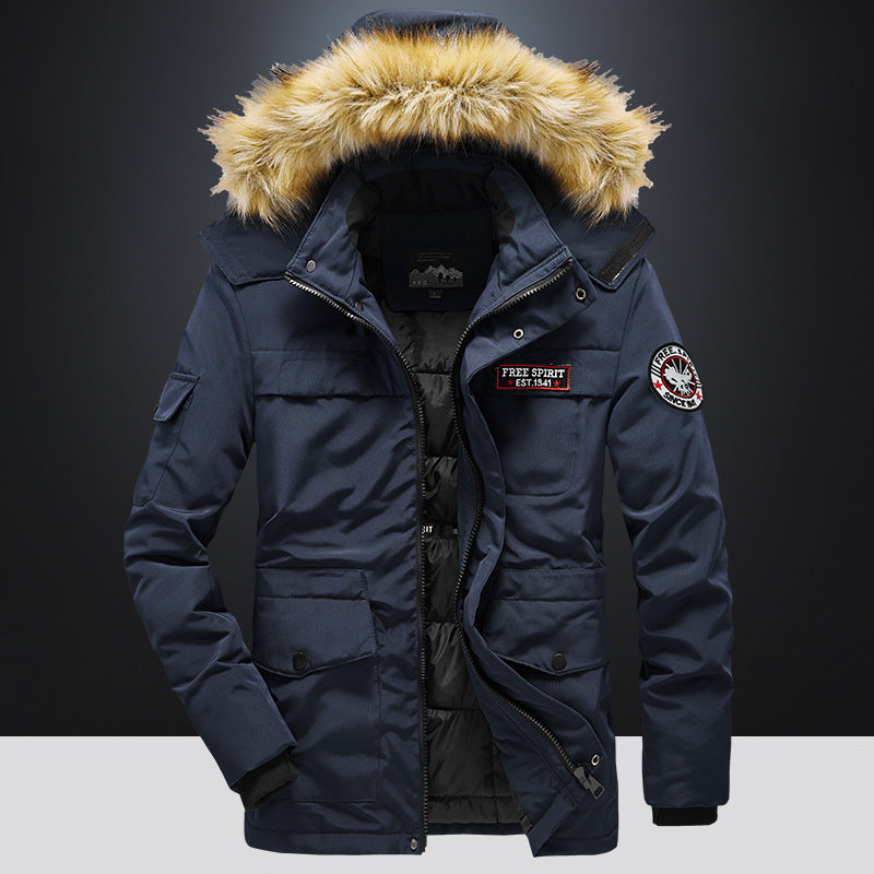 Men's Versatile Camouflage Fleece-Lined Military Jacket with Fur Hood & Multi Pockets