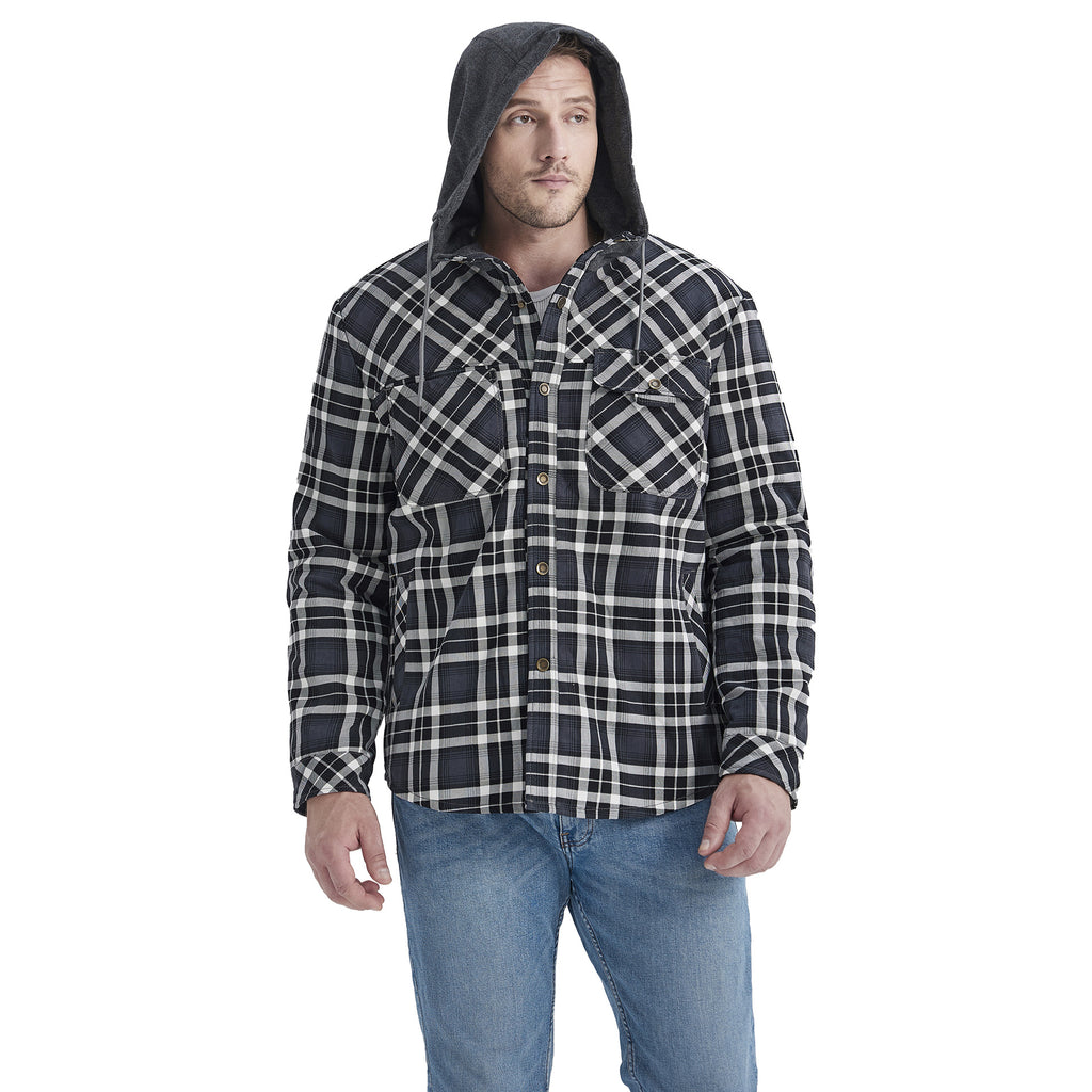 Men's Plaid Checked Shirt Jacket Plus Size Velvet Lined Windproof Warm Hooded Cotton Coat | 3252