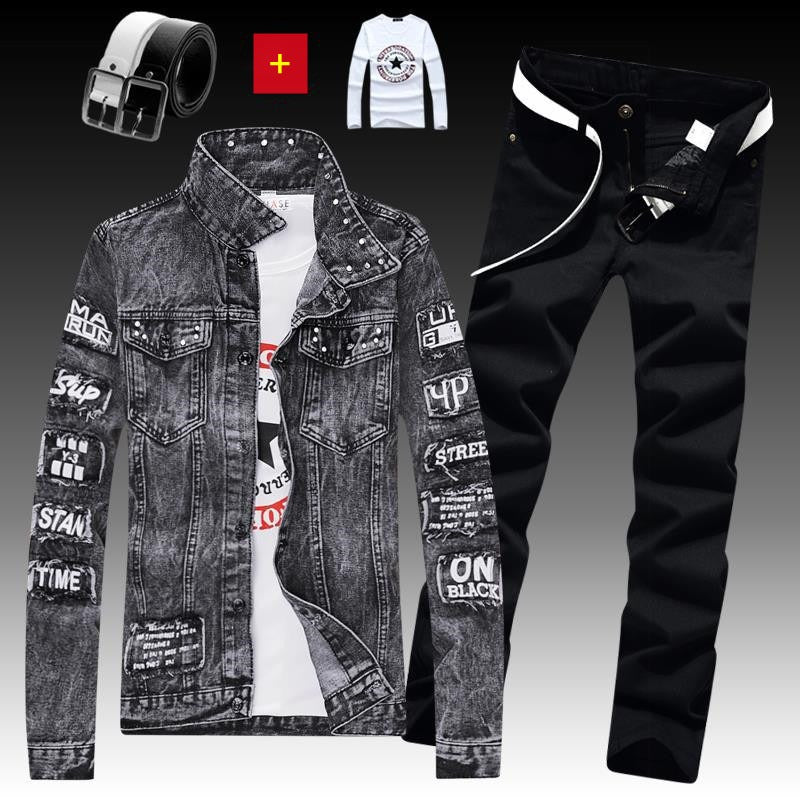 Men's Denim Jacket Jeans Pants Letters Printing Trousers 3 Pcs Set Casual Single Breasted