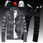 Men's Denim Jacket Jeans Pants Letters Printing Trousers 3 Pcs Set Casual Single Breasted