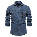 Men’s Washed Denim Shirt – Long Sleeve 100% Cotton Casual Button-Up Top | 6025