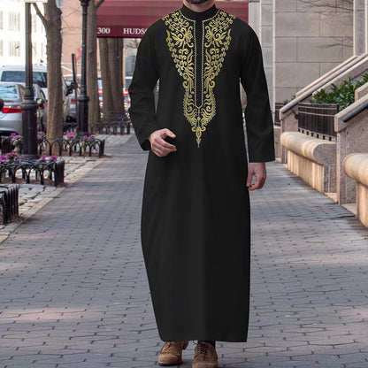 Men's Ethnic Embroidered Robe Long Sleeve Muslim Arabian Thobe with Standing Collar | 524859