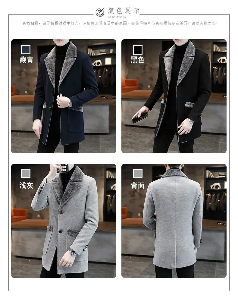 Men's Winter Fur Collar Trench Coat Slim Fit Mid-Long Blend Overcoat for Cold Weather | D-3229