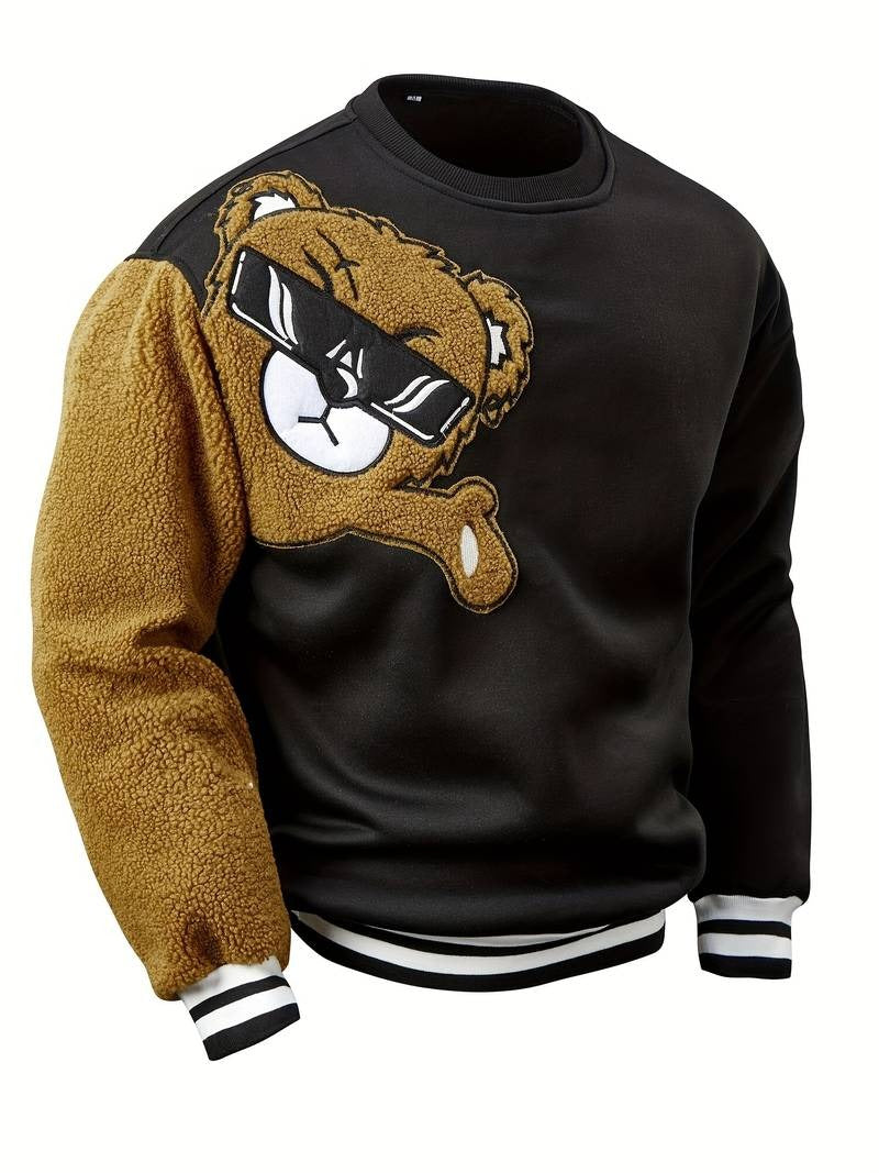 Men's Cartoon Bear Embroidered Crew Neck Plus Size Sweatshirt Polyester Fabric Vibrant Animal Pattern Top Casual Wear Knit Fabric Shirt