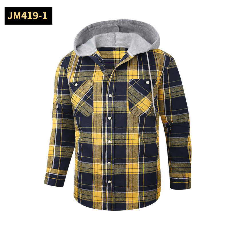 Men Premium Loose Fit Casual Flannel Long Sleeve Hooded Plaid Checkered Shirt | JM419