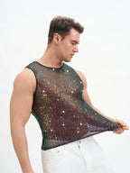 WINUU Men‘s Mesh Sequin Tank Top Rave Party Vest for Clubs & Music Festivals Shiny Glitter Muscle Tee Shirt