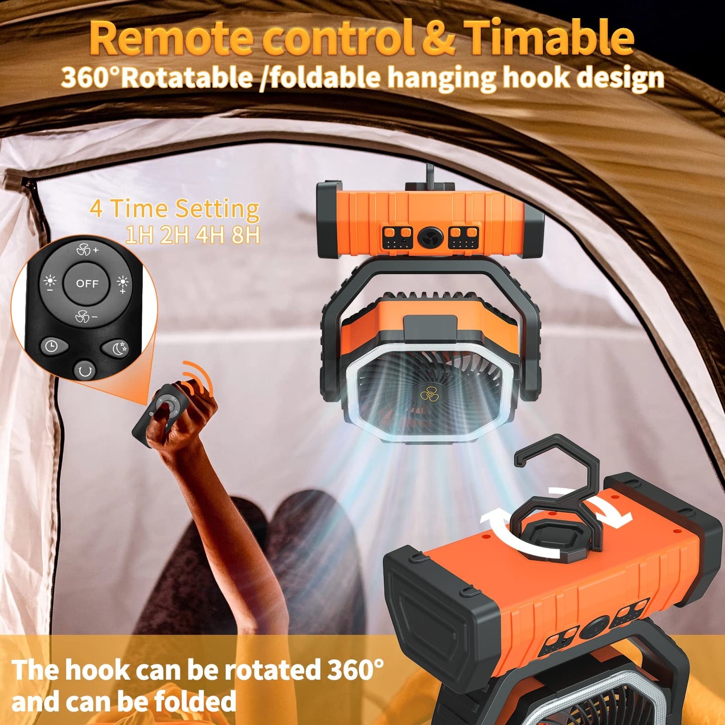 Ventilatore da campeggio portatile ricaricabile per esterni con gancio Ventilatore da tavolo USB con luce LED di emergenza e power bank per picnic, escursionismo, pesca 