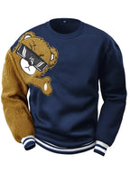 Men's Cartoon Bear Embroidered Crew Neck Plus Size Sweatshirt Polyester Fabric Vibrant Animal Pattern Top Casual Wear Knit Fabric Shirt