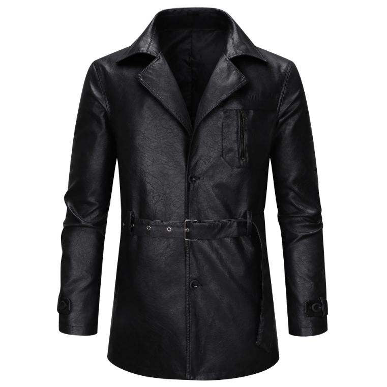 Men's Mid Length Single Breasted Leather Jacket Slim Fit Leather Coat UK Spring Autumn