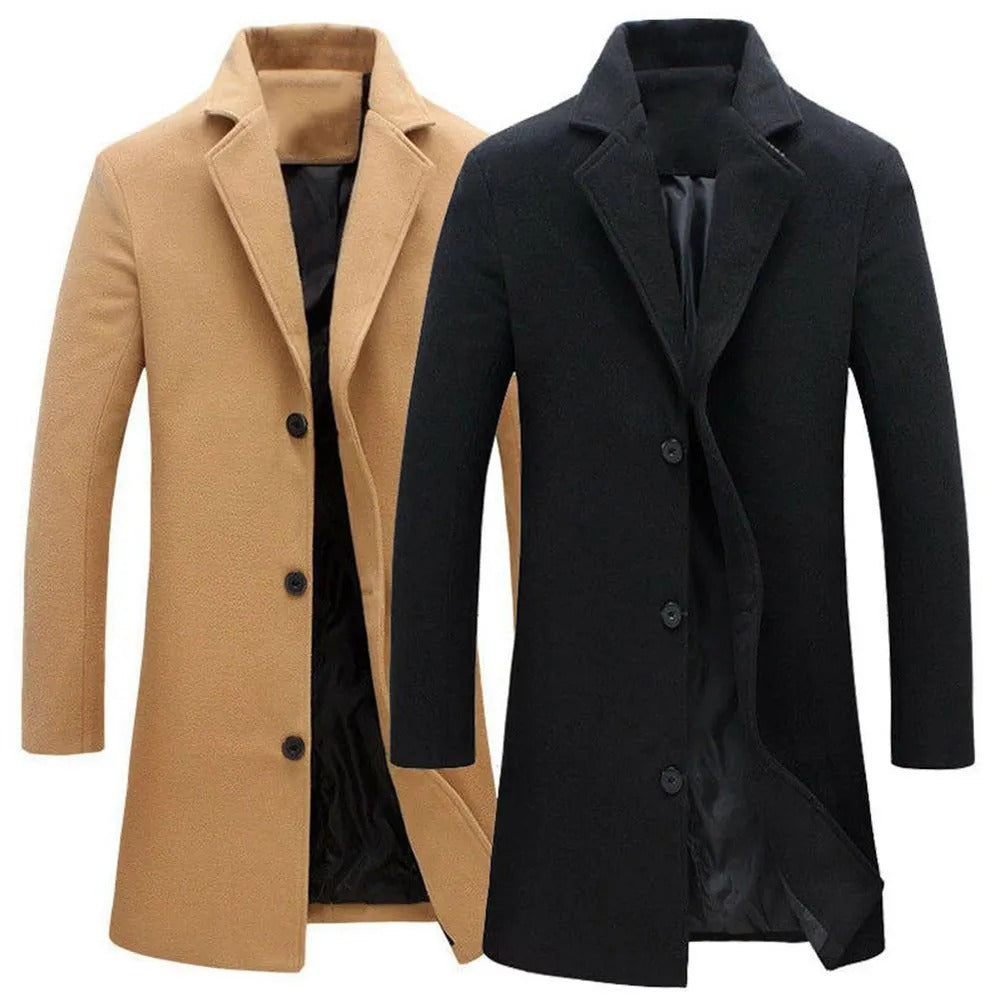 Men Light Weight Woolen Jacket Solid Color Single-Breasted Lapel Long Coat Business Overcoat | D67
