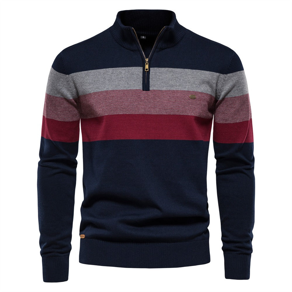 Winter Mock Neck Cotton Pullover Knit Business Strip Ribbed Turtleneck Sweaters for Men | SW155