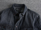 Men's Retro Heavy Distressed Denim Shirt Slim Fit Striped Long Sleeve Shirt | 8833