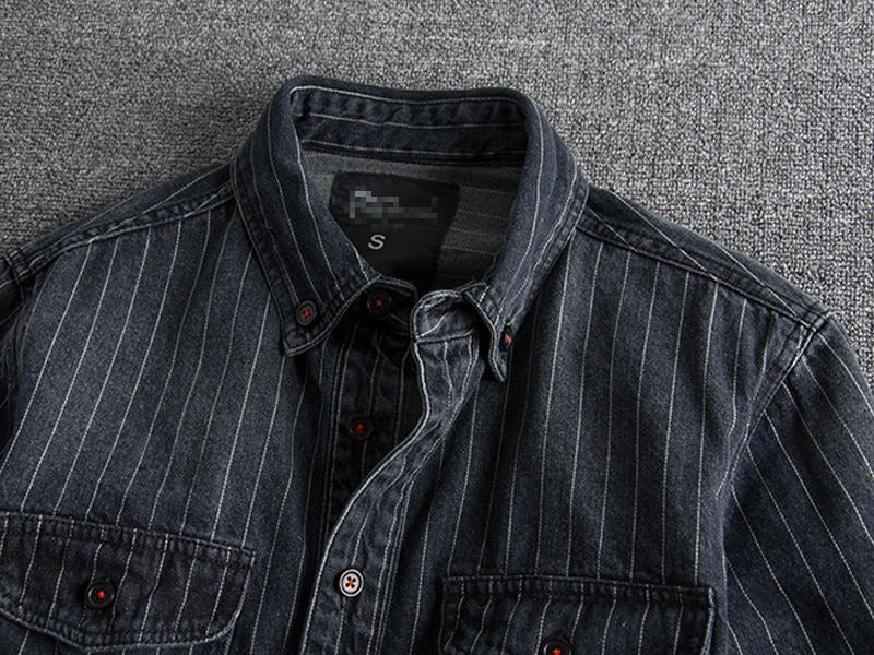 Men's Retro Heavy Distressed Denim Shirt Slim Fit Striped Long Sleeve Shirt | 8833