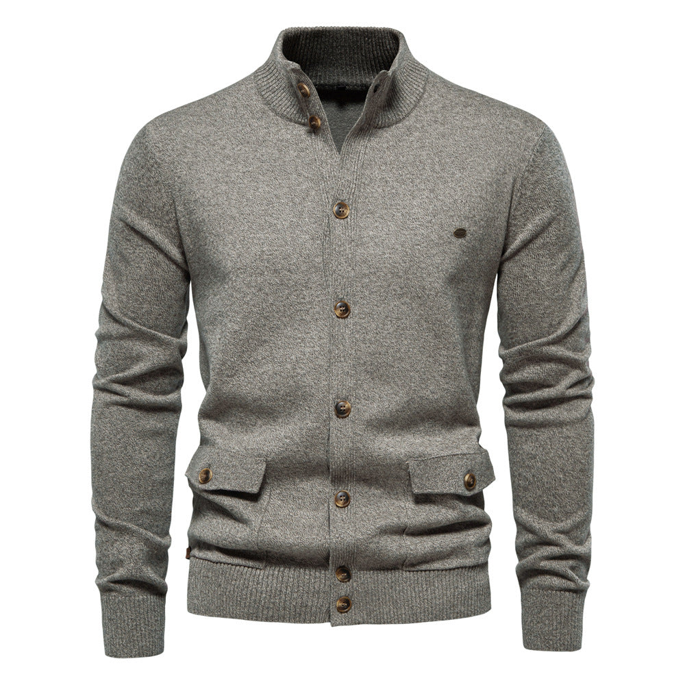 Men's Cotton Cable Knit Cardigan with Pockets, Stand Collar, Button-Down Sweater | CW61