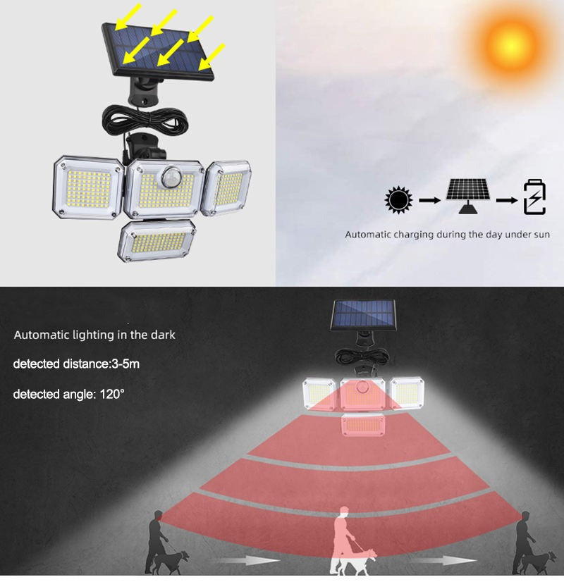 Lampada solare da parete a LED per esterni con sensore di movimento diviso, 4 teste, 3 modalità, lampada solare | 