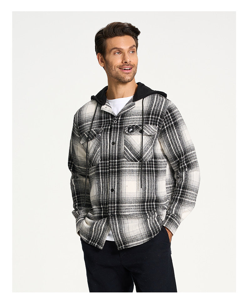 Men's Thick Hooded Plaid Flannel Shirt European & American Style Warm & Loose Fit | S02