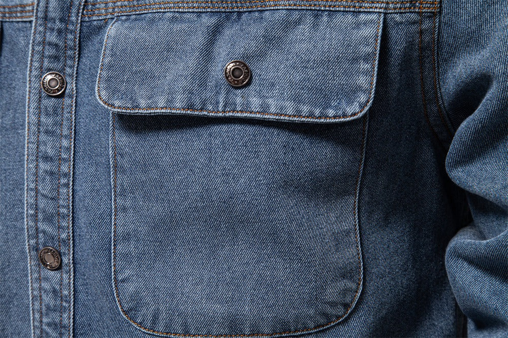 Men’s Washed Denim Shirt – Long Sleeve 100% Cotton Casual Button-Up Top | 6025