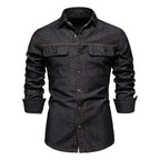Men’s Washed Denim Shirt – Long Sleeve 100% Cotton Casual Button-Up Top | 6025