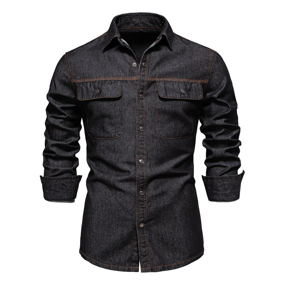 Men’s Washed Denim Shirt – Long Sleeve 100% Cotton Casual Button-Up Top | 6025
