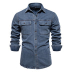 Men’s Washed Denim Shirt – Long Sleeve 100% Cotton Casual Button-Up Top | 6025