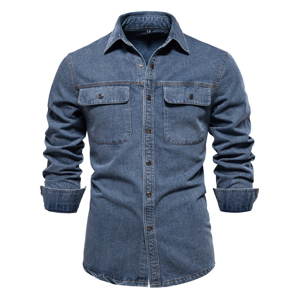 Men’s Washed Denim Shirt – Long Sleeve 100% Cotton Casual Button-Up Top | 6025