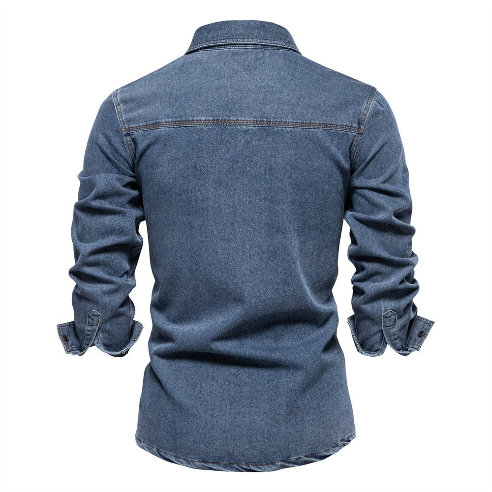 Men’s Washed Denim Shirt – Long Sleeve 100% Cotton Casual Button-Up Top | 6025