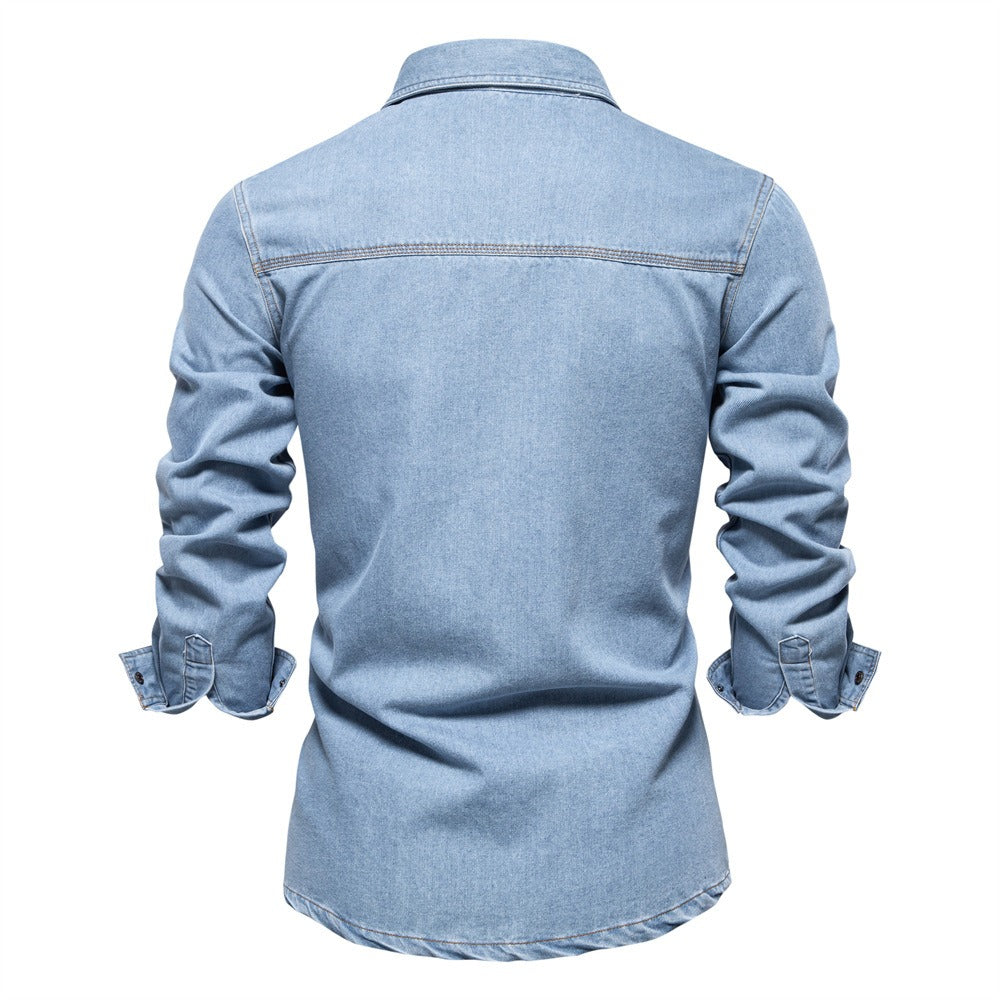 Men’s Washed Denim Shirt – Long Sleeve 100% Cotton Casual Button-Up Top | 6025