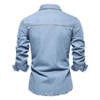 Men’s Washed Denim Shirt – Long Sleeve 100% Cotton Casual Button-Up Top | 6025