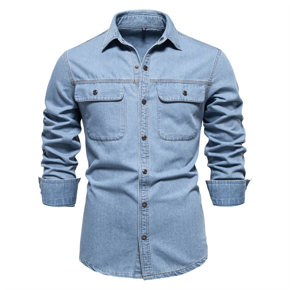 Men’s Washed Denim Shirt – Long Sleeve 100% Cotton Casual Button-Up Top | 6025