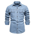 Men’s Washed Denim Shirt – Long Sleeve 100% Cotton Casual Button-Up Top | 6025