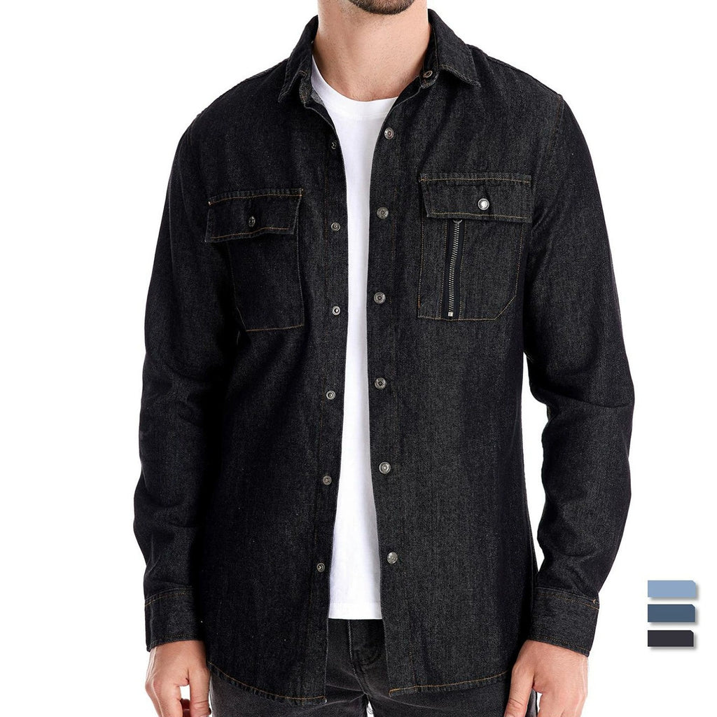 Men’s Euro Fit Washed Cotton Denim Shirt – Long Sleeve Solid Color Casual Button-Up | 6028
