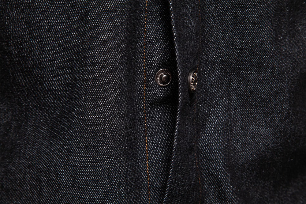 Men’s Euro Fit Washed Cotton Denim Shirt – Long Sleeve Solid Color Casual Button-Up | 6028