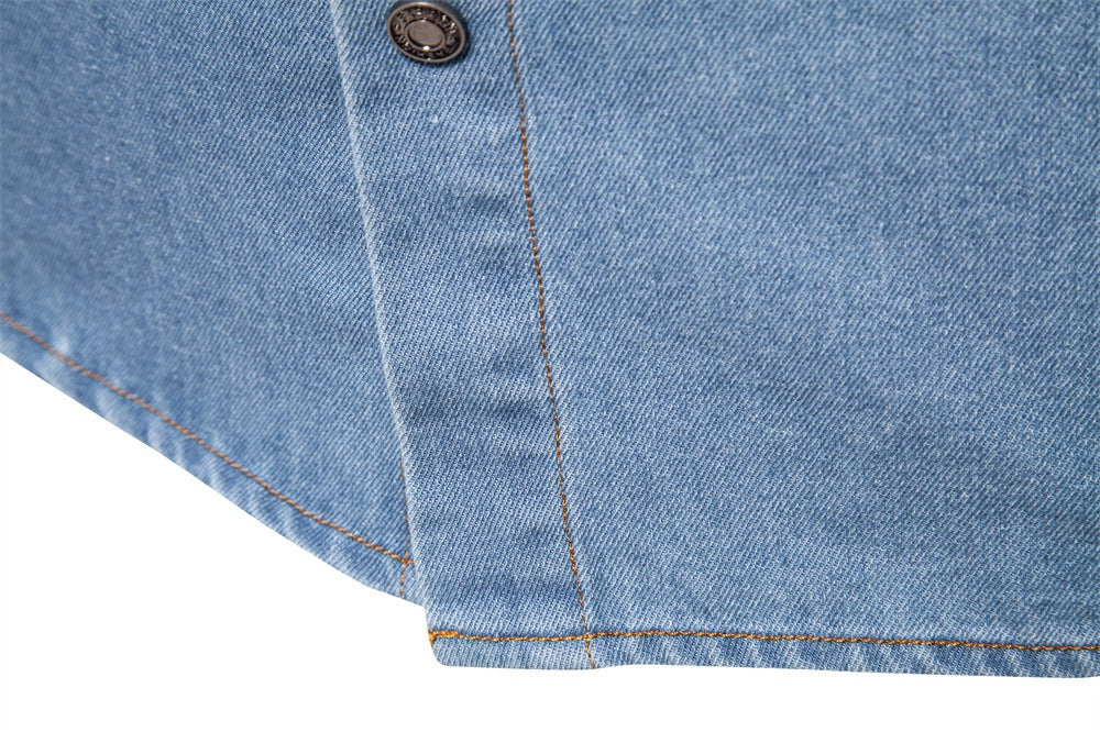 Men’s Euro Fit Washed Cotton Denim Shirt – Long Sleeve Solid Color Casual Button-Up | 6028