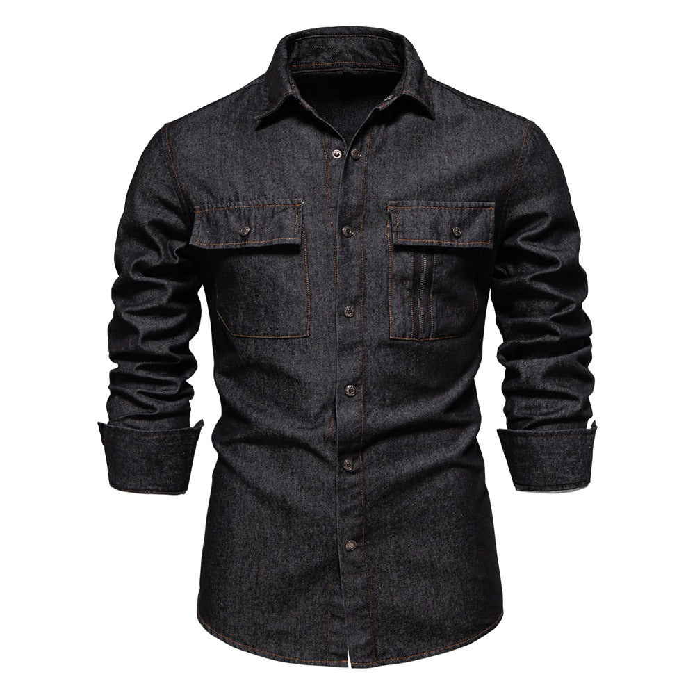 Men’s Euro Fit Washed Cotton Denim Shirt – Long Sleeve Solid Color Casual Button-Up | 6028