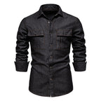 Men’s Euro Fit Washed Cotton Denim Shirt – Long Sleeve Solid Color Casual Button-Up | 6028
