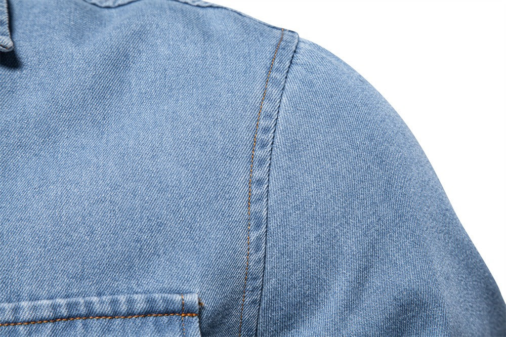 Men’s Euro Fit Washed Cotton Denim Shirt – Long Sleeve Solid Color Casual Button-Up | 6028