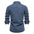 Men’s Euro Fit Washed Cotton Denim Shirt – Long Sleeve Solid Color Casual Button-Up | 6028