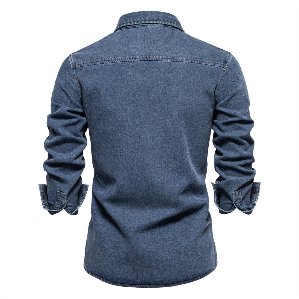 Men’s Euro Fit Washed Cotton Denim Shirt – Long Sleeve Solid Color Casual Button-Up | 6028