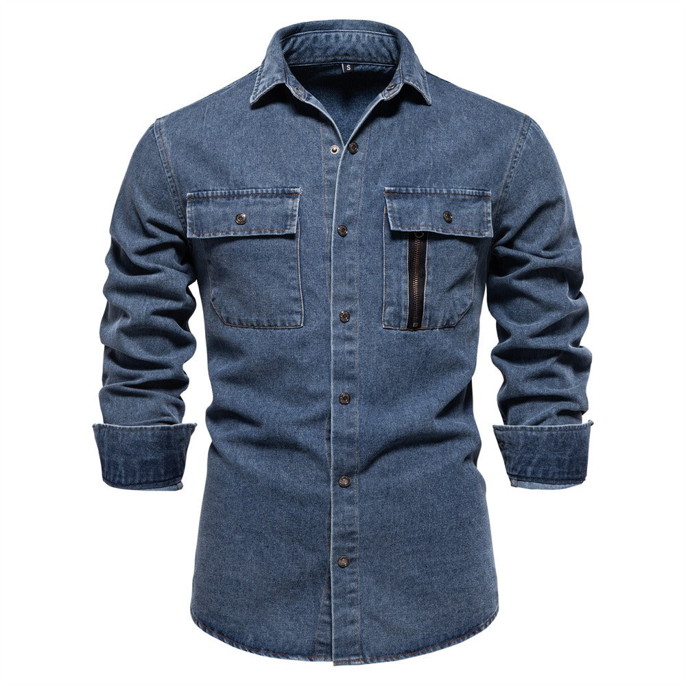 Men’s Euro Fit Washed Cotton Denim Shirt – Long Sleeve Solid Color Casual Button-Up | 6028