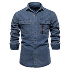 Men’s Euro Fit Washed Cotton Denim Shirt – Long Sleeve Solid Color Casual Button-Up | 6028