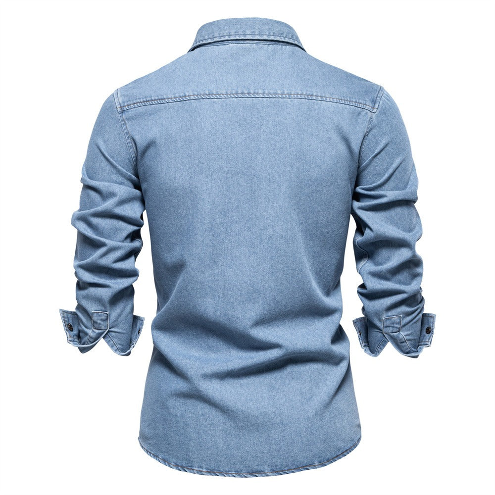 Men’s Euro Fit Washed Cotton Denim Shirt – Long Sleeve Solid Color Casual Button-Up | 6028