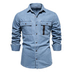 Men’s Euro Fit Washed Cotton Denim Shirt – Long Sleeve Solid Color Casual Button-Up | 6028