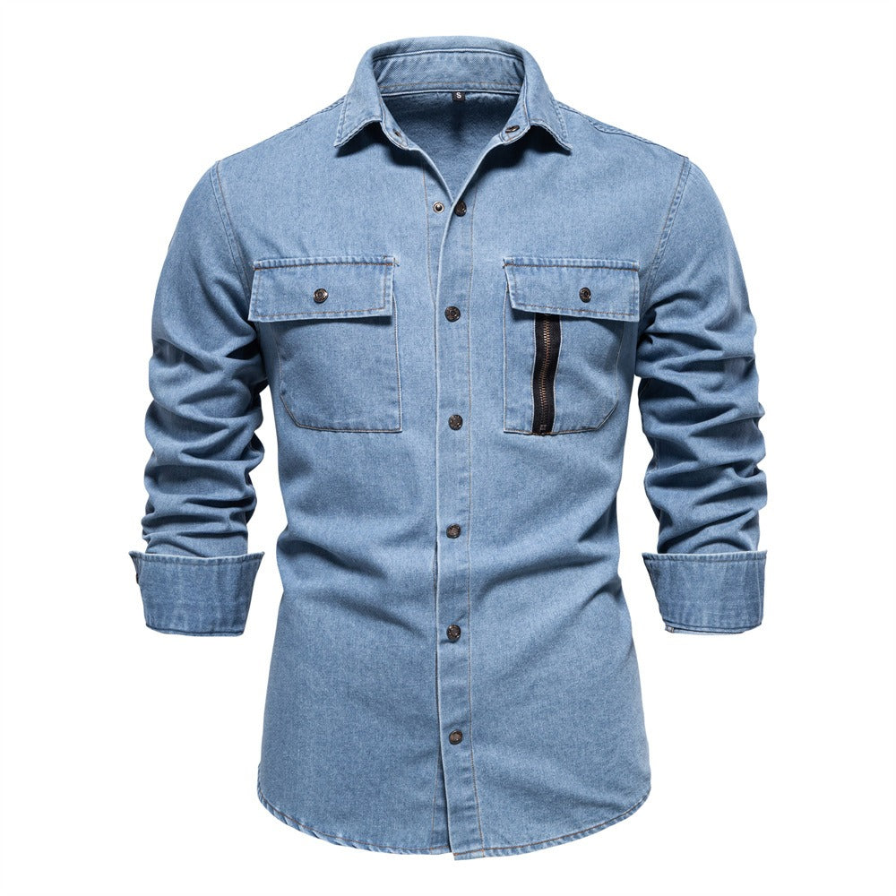 Men’s Euro Fit Washed Cotton Denim Shirt – Long Sleeve Solid Color Casual Button-Up | 6028