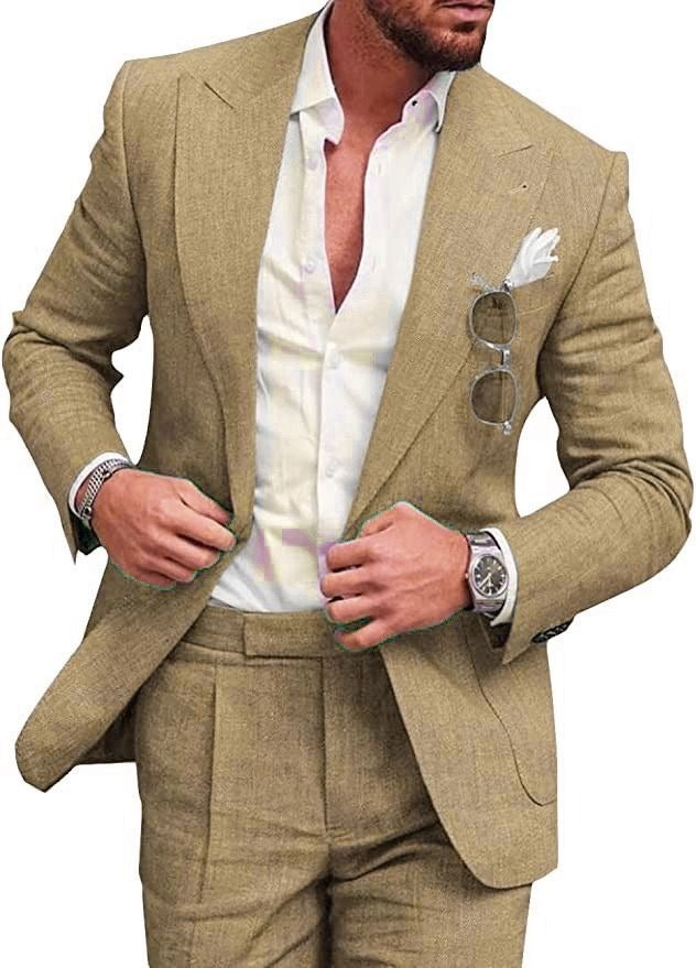 Men's 2 Piece Suit Plus Size Linen-Blend Slim-Fit Suit Set - 2025 Spring Single Breasted Light Business Attire | 801
