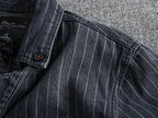 Men's Retro Heavy Distressed Denim Shirt Slim Fit Striped Long Sleeve Shirt | 8833