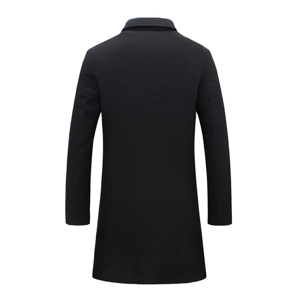 Men Light Weight Woolen Jacket Solid Color Single-Breasted Lapel Long Coat Business Overcoat | D67
