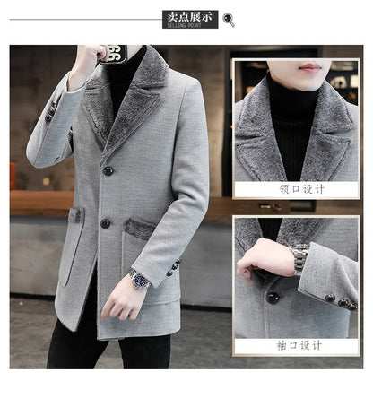 Men's Winter Fur Collar Trench Coat Slim Fit Mid-Long Blend Overcoat for Cold Weather | D-3229