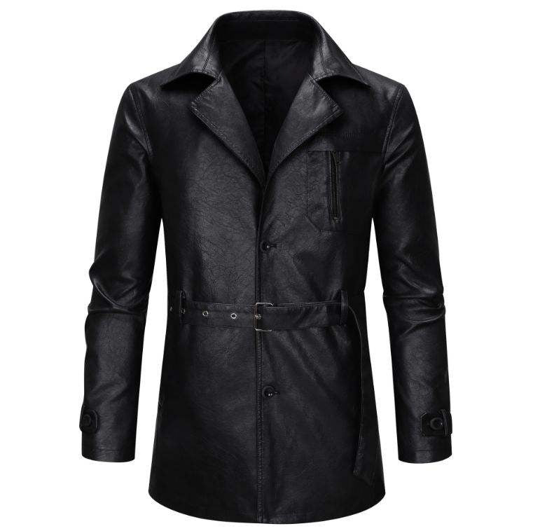 Men's Mid Length Single Breasted Leather Jacket Slim Fit Leather Coat UK Spring Autumn