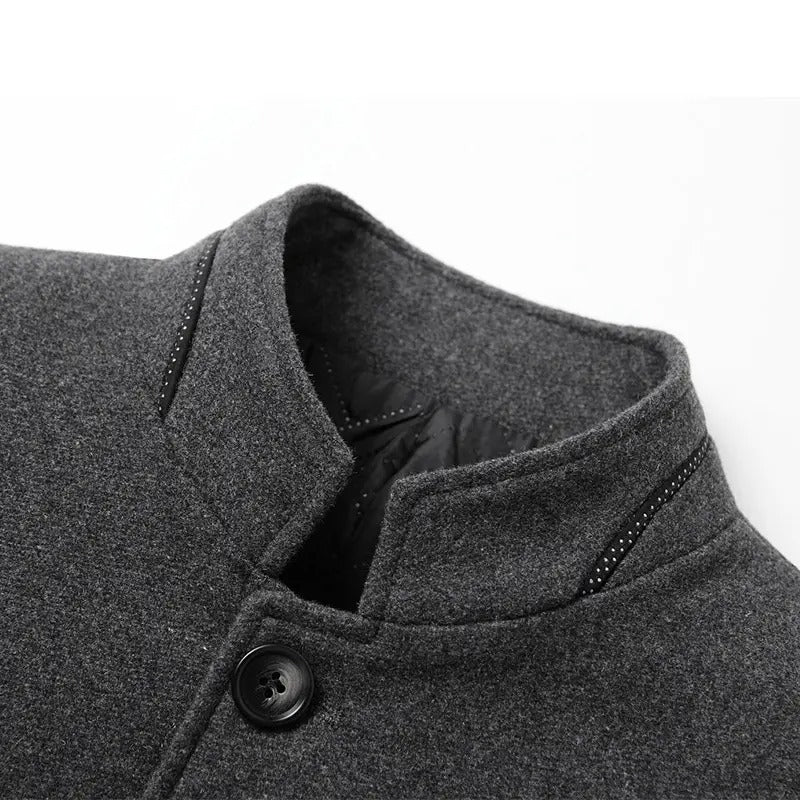 Men Stand Collar Long Sleeves Solid Color Daily Casual Woolen Jacket J2105